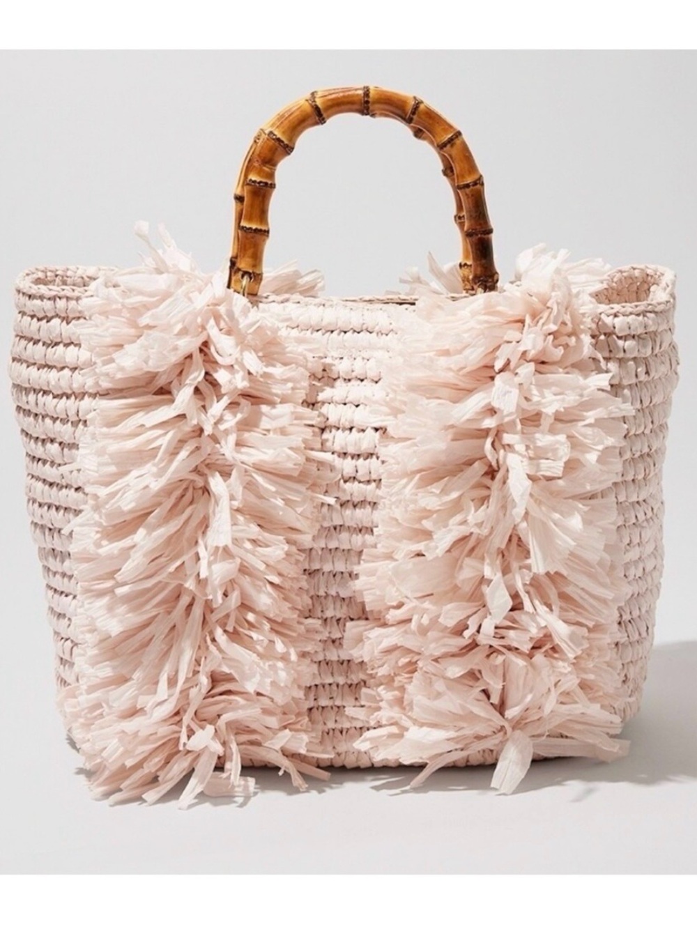 Chico’s NWOT Bamboo Handle Raffia Fringe Tote